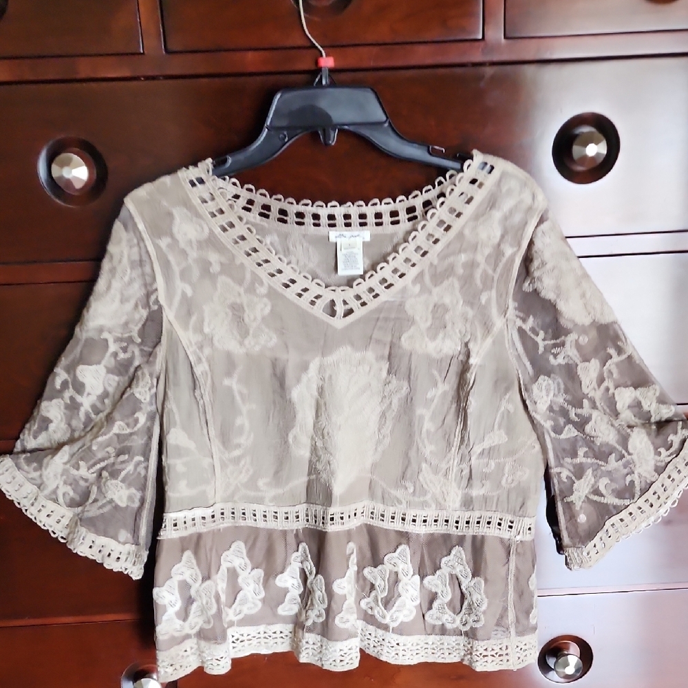 Tan Crop Blouse with Bell Sleeves and Embellished Details